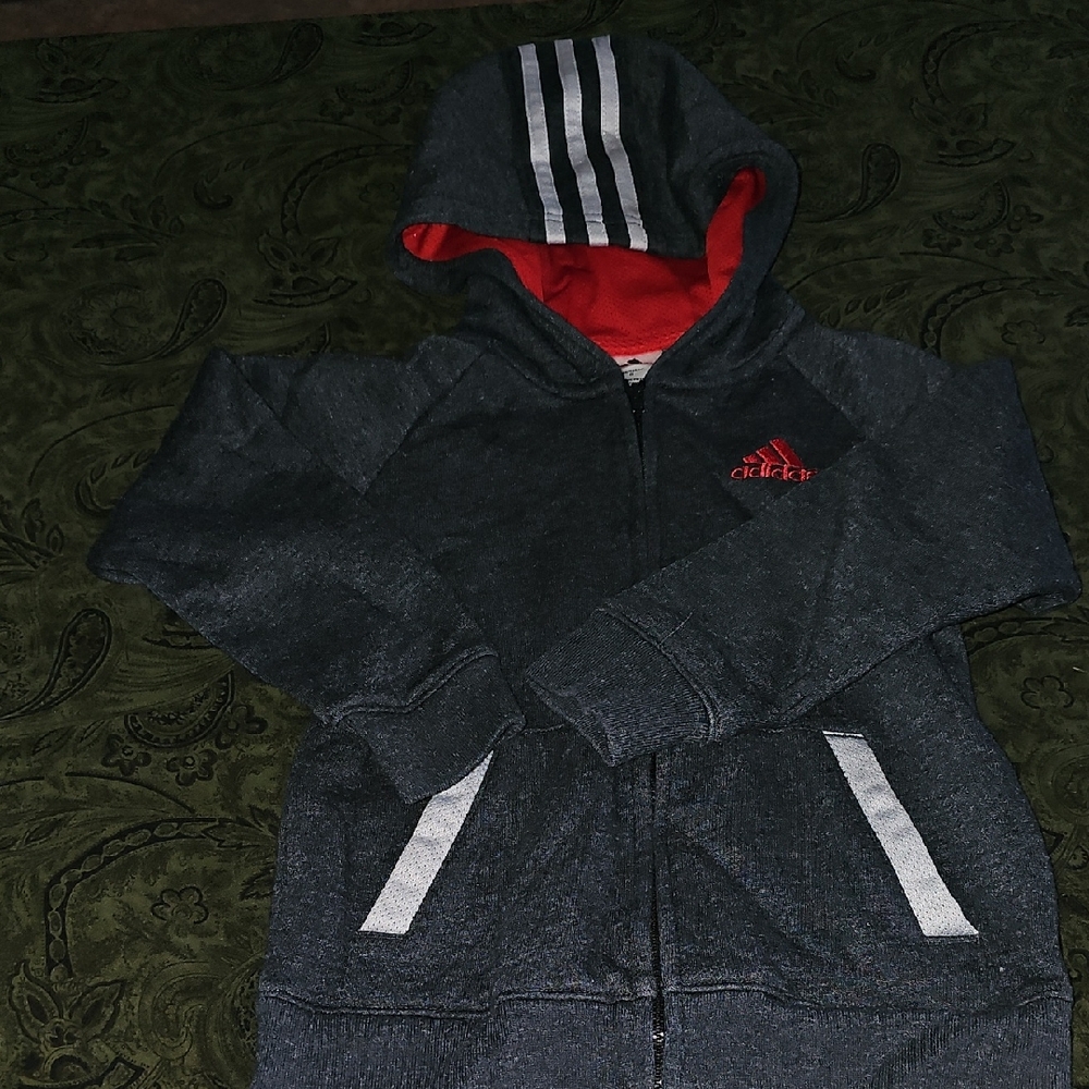Adidas Kids Charcoal Hoodie with Red and White Details